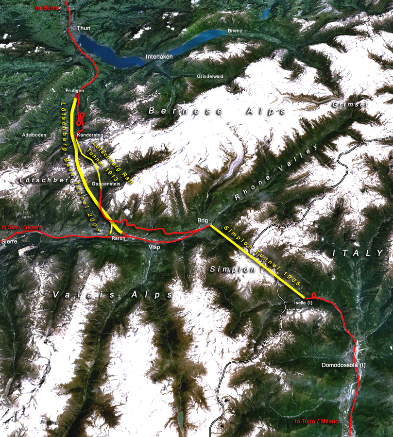 Bản đồ hiển thị tuyến đường của Đường hầm Căn cứ Lötschberg qua dãy Bernese Alps ở Thụy Sĩ.